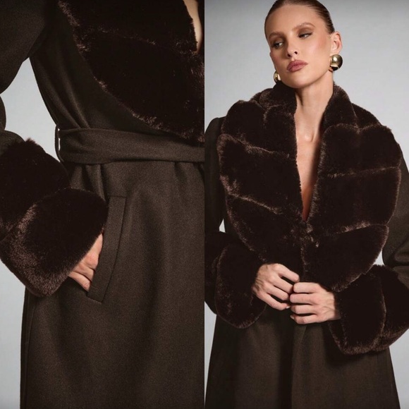 Luxury faux fur trimmed long coat fur jacket fur cuff fur collar vintage pink - Picture 6 of 8